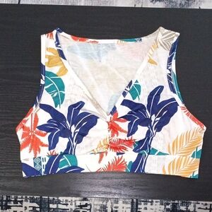 SHEIN White Tropical V-Neck Crop Tank with Blue, Teal & Orange Print